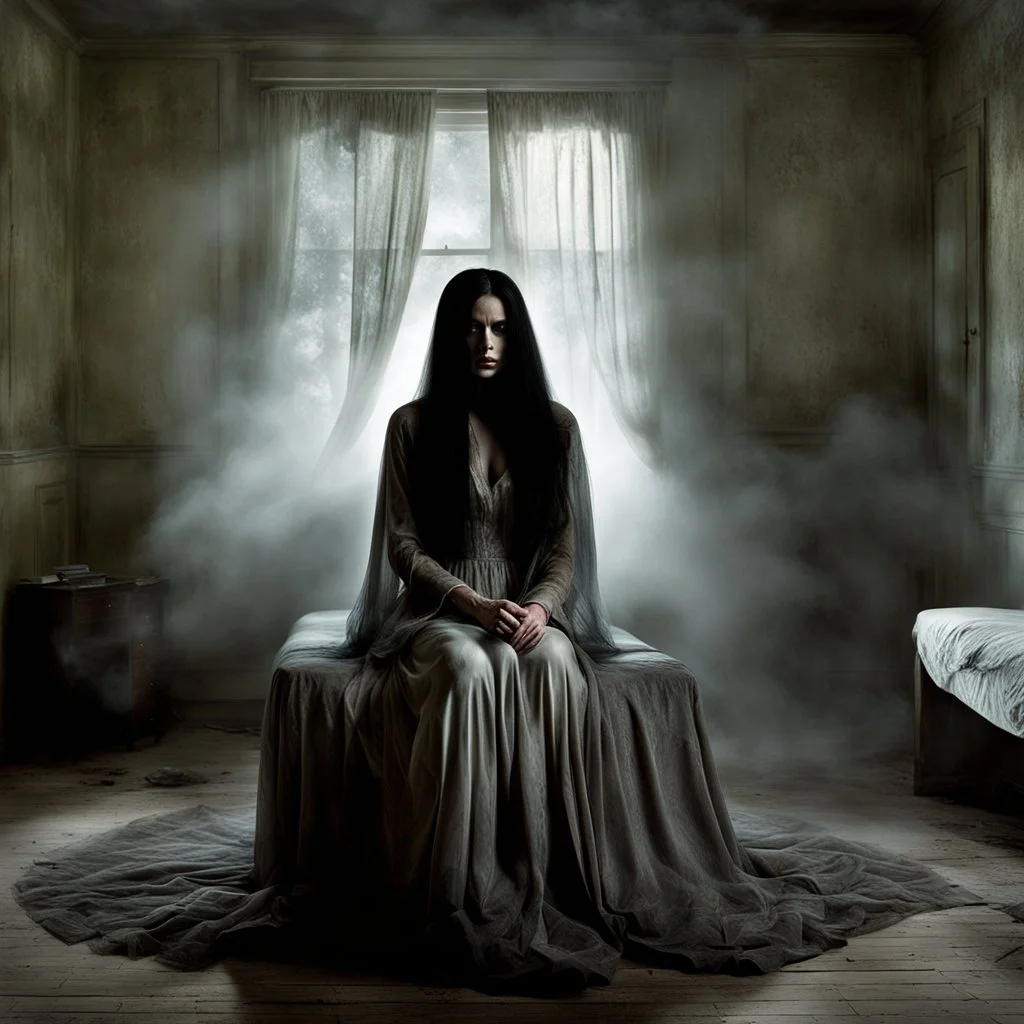 Creepy seated ghostly woman with long black hair covering her face seated on a bed in an eerie empty fog filled bedroom, head slumped unnaturally forward dressed in tattered asylum gown, face obscured by hair, horror photography by Rick Jones by Thomas G Anderson, photorealistic, creepy, uneasy uncanny valley, eerie dark colors, fog.