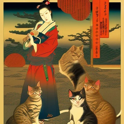 Ukiyo-e Style ,cats, with full details, full HD