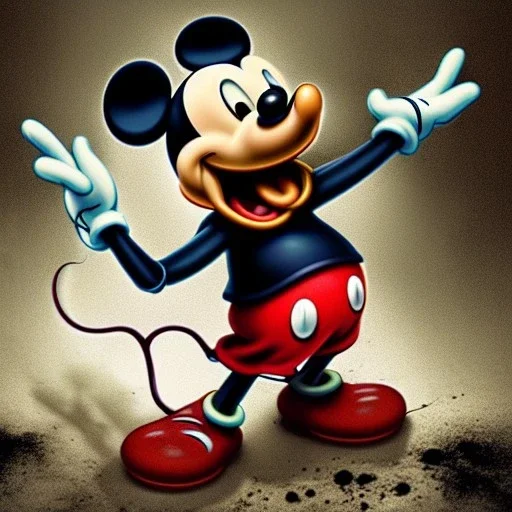 Rotting corpse zombie who is mickey mouse smiling, evil, arms forward like a mummy, fangs, sharp focus, ears, boots