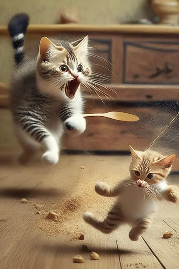 mother cat chasing baby cat with wooden spoon