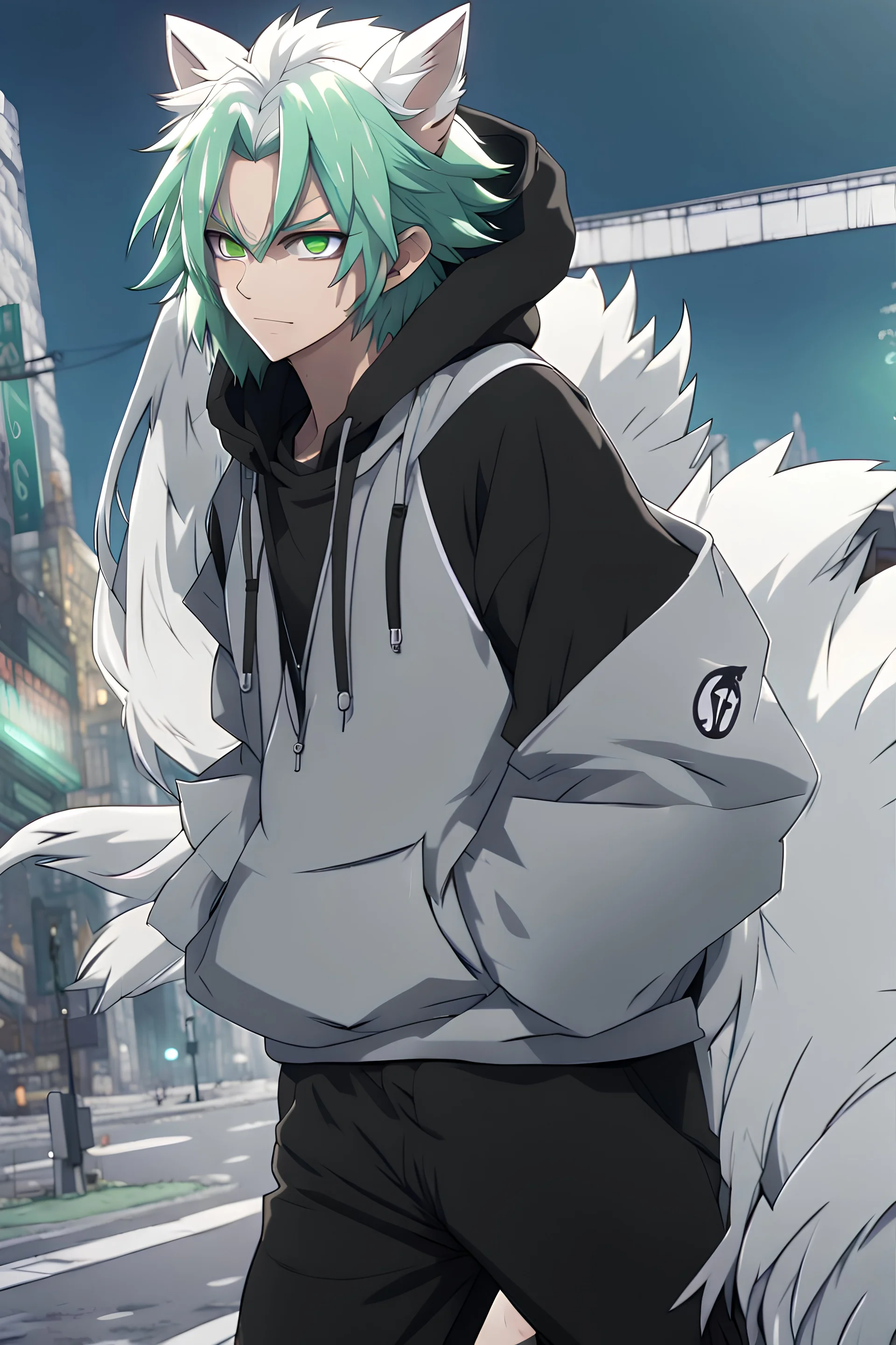 In anime, an anthropomorphic male character with white fur, white-and-green-haired, white-skinned, green-eyed, wolf ears, whiskers, a black hoodie, and black pants, is on the street in the massive capital, 8K resolution, high quality, ultra graphics, and detailed with lines.,((street, white car showcase)), aesthetic, hyper realistic, glowing lights