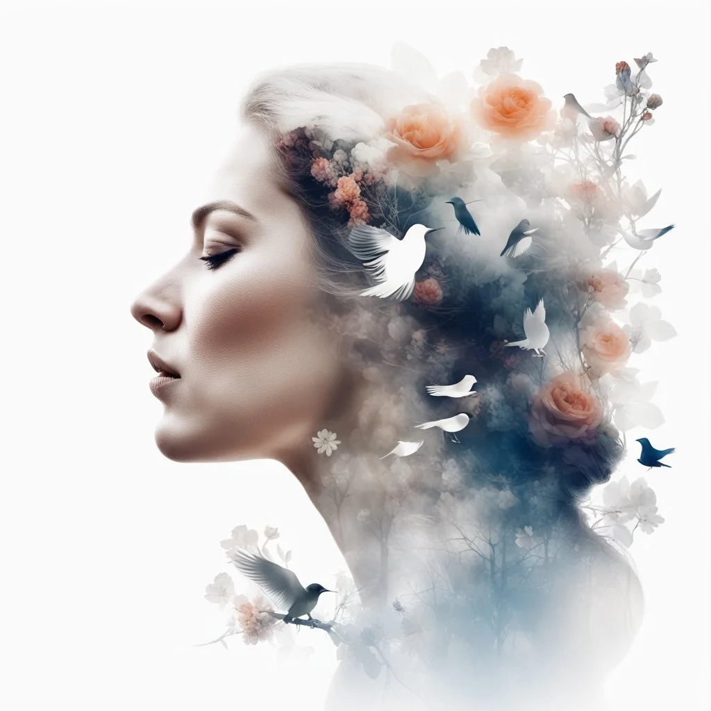 White background, double exposure, portrait of a woman in profile, flowers, birds, branches, city, double exposure