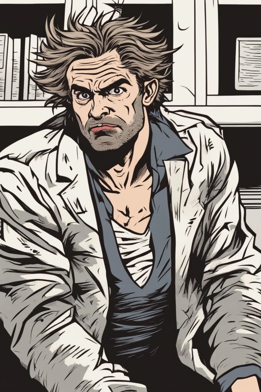 sarcastic deranged man with messy hair and stubble comic book style