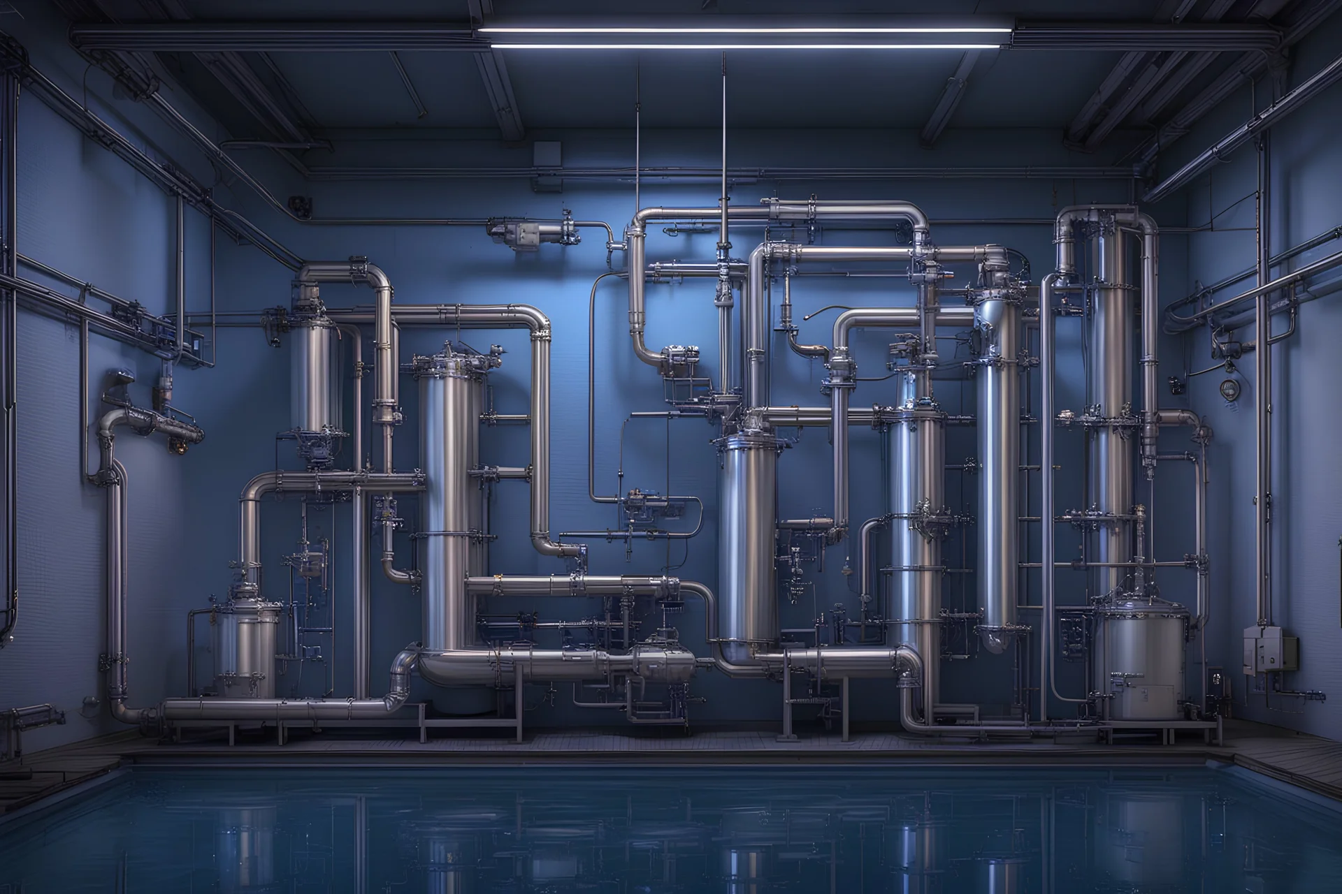 water treatment system, water visible, hyperrealistic 16k, 3d rendering, expressively detailed, dynamic light, expressiv lighting, steampunk, video game, neon lighting