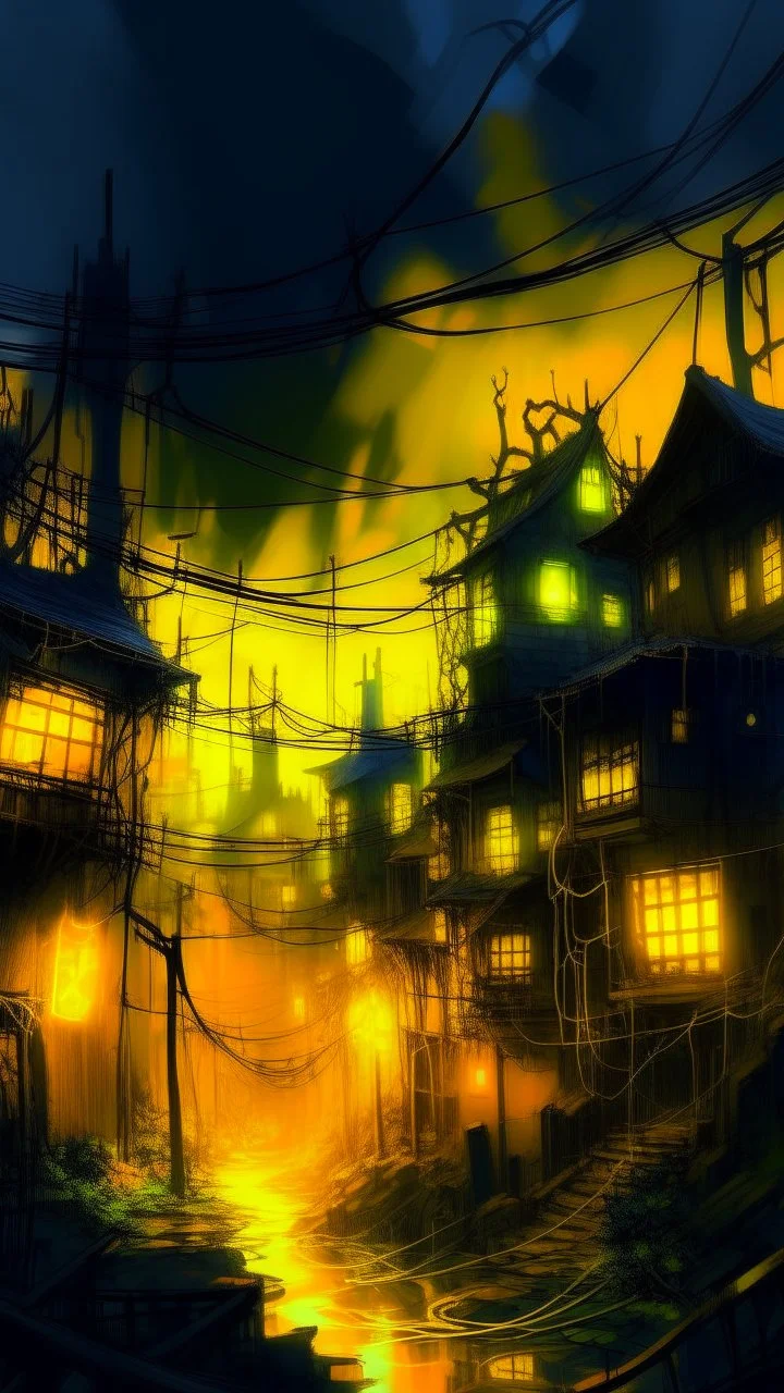 A yellow spooky haunted glowing electrical city painted by Zosan