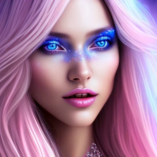 beautiful, soft, smiling face, whole head, long straight blonde hair blues eyes, crown on the head, clothing in transparent bluish and pink veil, background brillante bluish and pink, hight definition, 8K