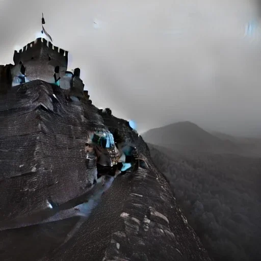 A dark, medieval fort in the distance atop a mountain.