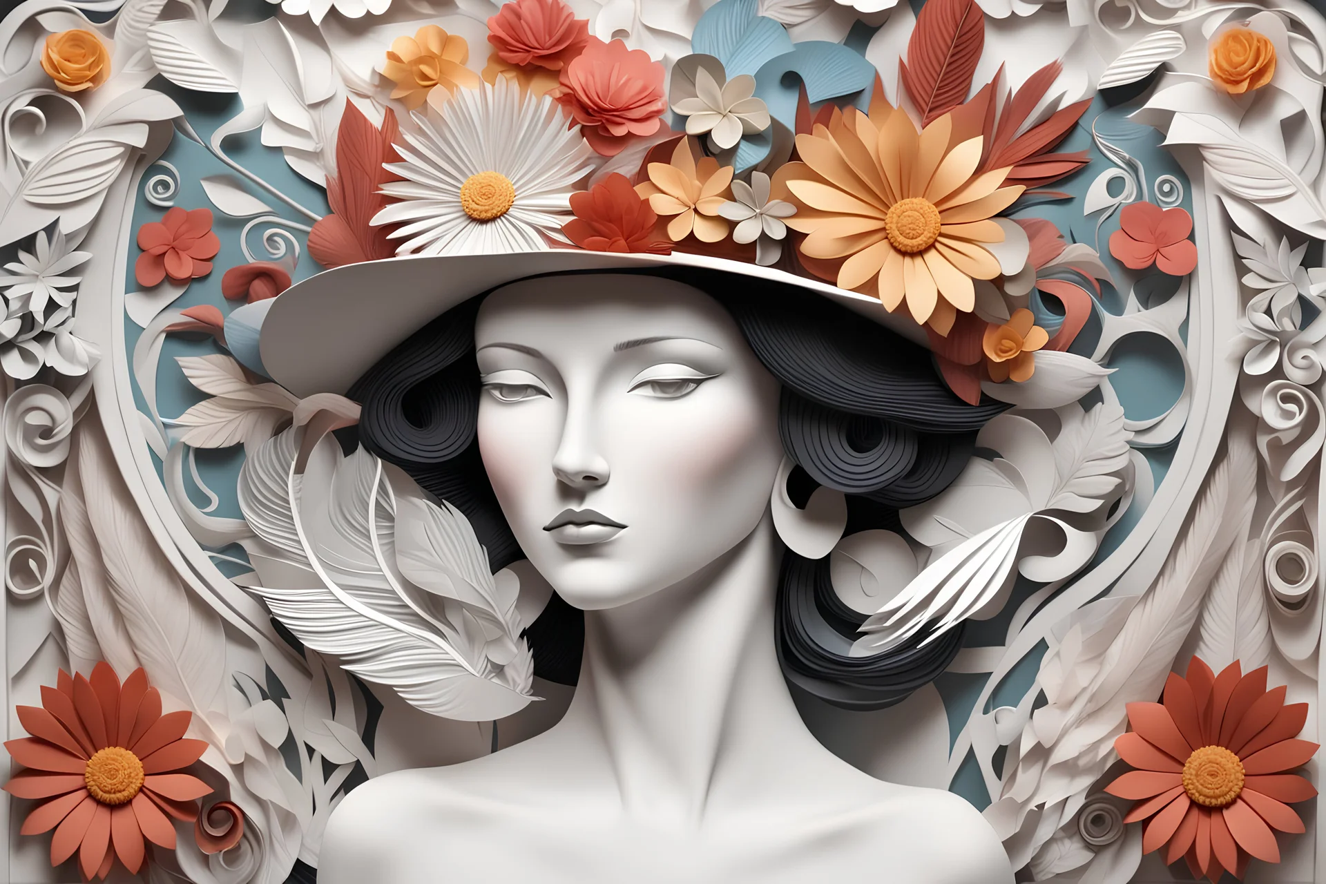 Tomorrow a piece of paper, today a masterpiece Elaborately crafted 3D paper patchwork of a woman adorned with a hat, flowers and feathers. The style reflects the influences of Catherine Abel, Stephen Gibb and Ernst Haeckel. The artwork shows crisp high definition quality, intricate details and precision.