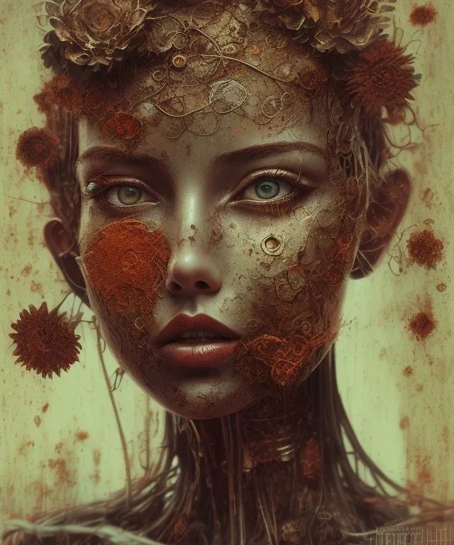 an abstract painting of rusted metal and flowers, portrait, rust, scaffolding, iron cladding, decay, mixed media, textured, anatomically correct, beautiful perfect face, sharp focus, highly detailed