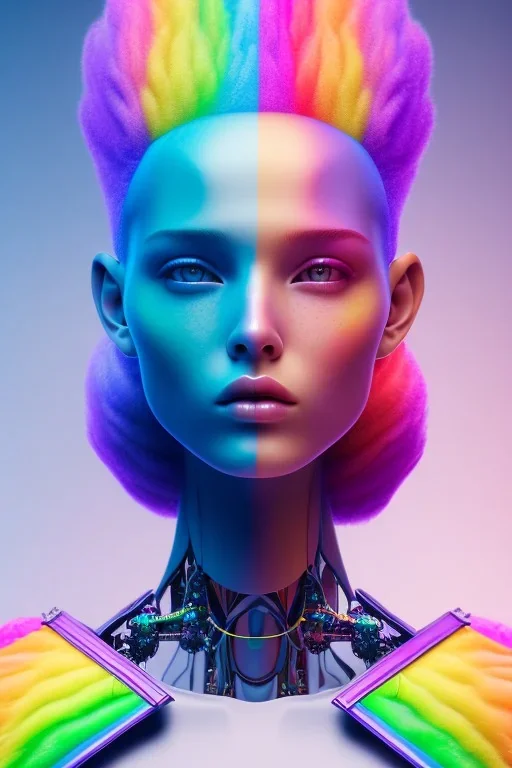 girl, cute, beautiful, shaved head, soft pastel rainbow hair, rainbow dress,robotic, african factions close up portrait by edgar allan poe