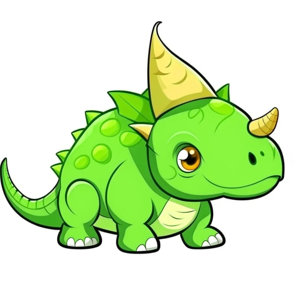 Cartoon illustration for children: Green Triceratops with a broken horn. He is very very sad.