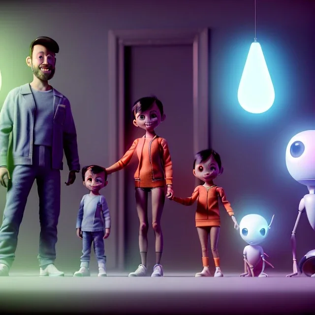 Ultra Realistic family portrait, living room. father. mother. daughter. alien pet. Little flying drone. retro futuristic, minimal style. smile, happy. highly detailed, concept art, unreal engine 5, ray tracing, RTX, lumen lighting, ultra detail, volumetric lighting, 3d, finely drawn, high definition, high resolution.