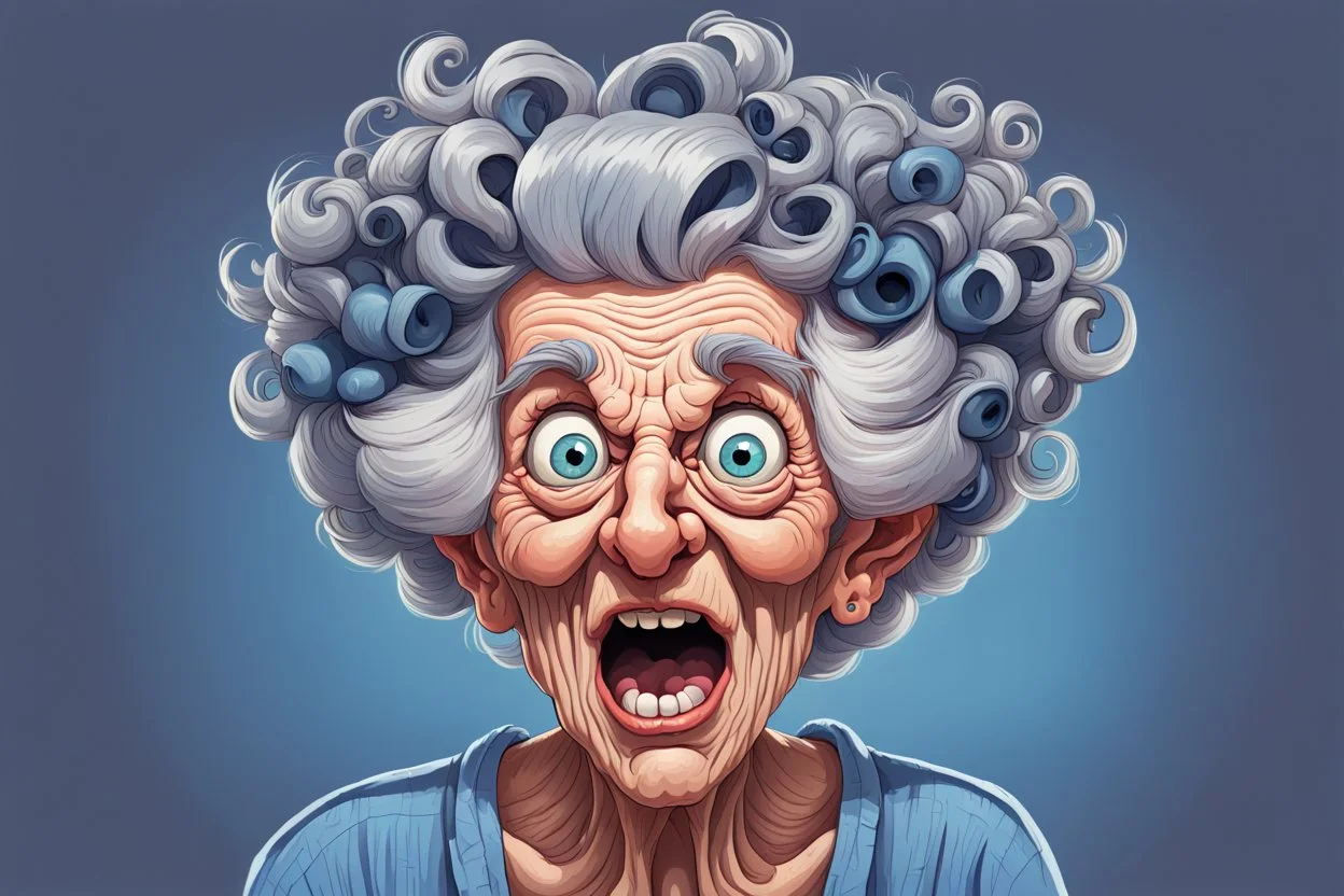 A delightfully eccentric cartoon illustration of a spirited elderly woman with wild gray hair in messy curlers, standing straight up a round her head. Her exaggerated facial features include wide-open eyes with visible blue irises and large pupils, a humongous open mouth as if screaming animatedly, and her wrinkled skin showcases her age. The woman is fervently pouring coffee from an overflowing black pot into an overfilling white cup, with coffee spills frozen mid-air. She wears a pink shirt w