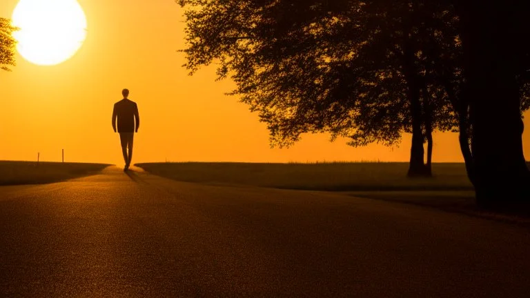 Lone man walking away into the sunset