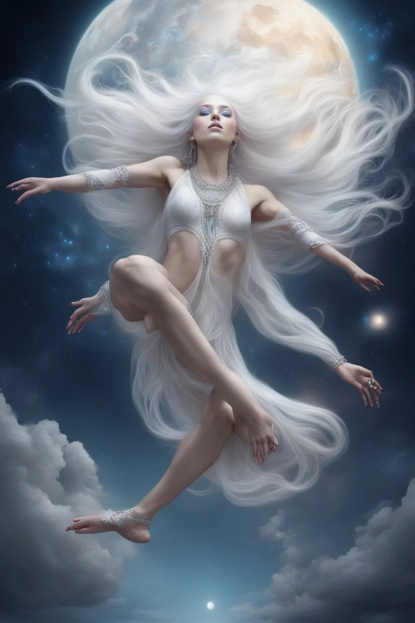 falling broken moon, gorgeous ethereal primitive goddess extraterrestrial female, flying upside-down, feet up, knees together,, curious expression, opal piercings, beautiful face, mesmerizing reflective galaxies in eyes, smooth translucent diamond skin, transcendental, wind blowing through long white hair.