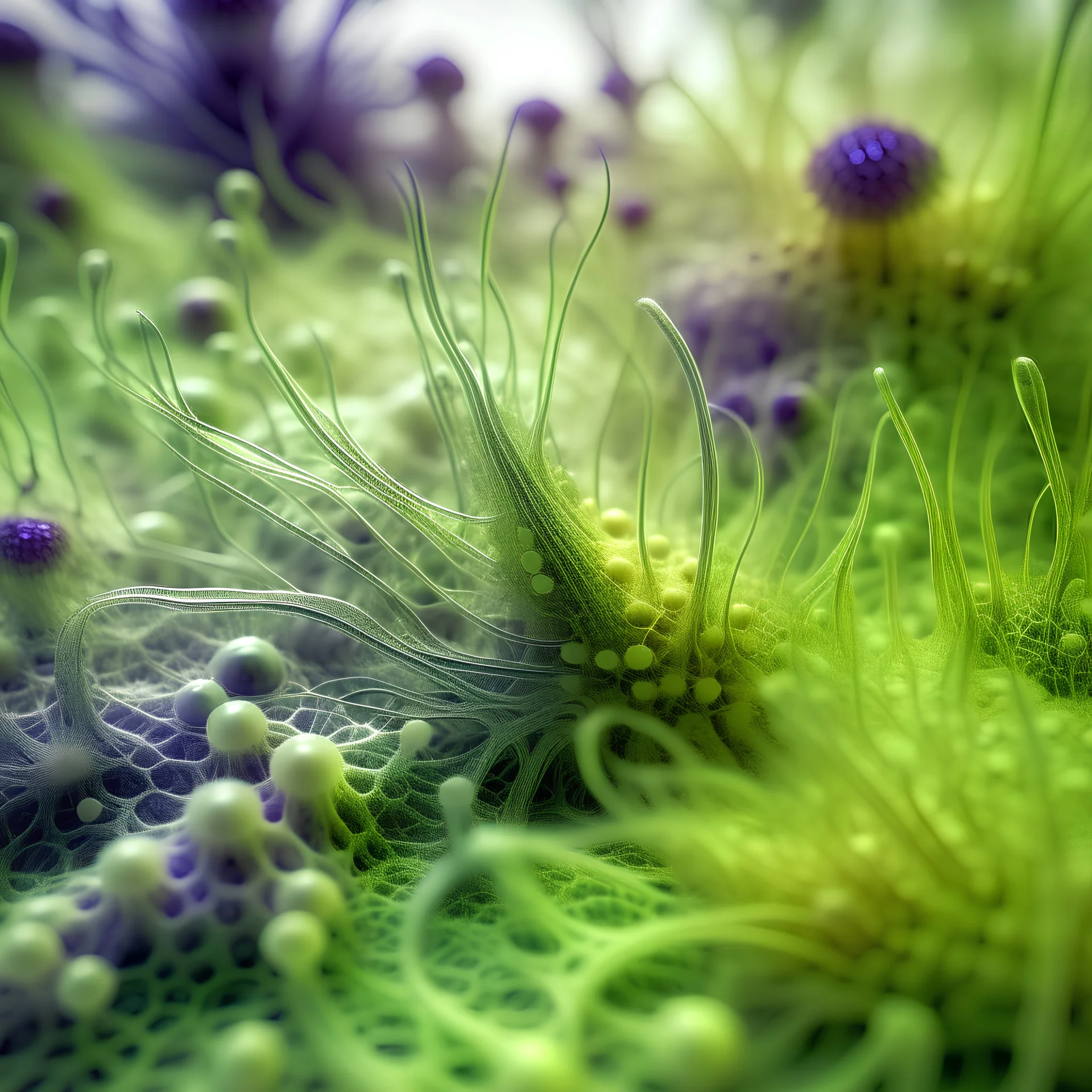 A microscopic psychedelic garden. The image is dominated by a white background with subtle gradients of light green, deep purple, and yellow. The grainy texture and out of focus look of the image evoke a sense of nostalgia and intrigue.