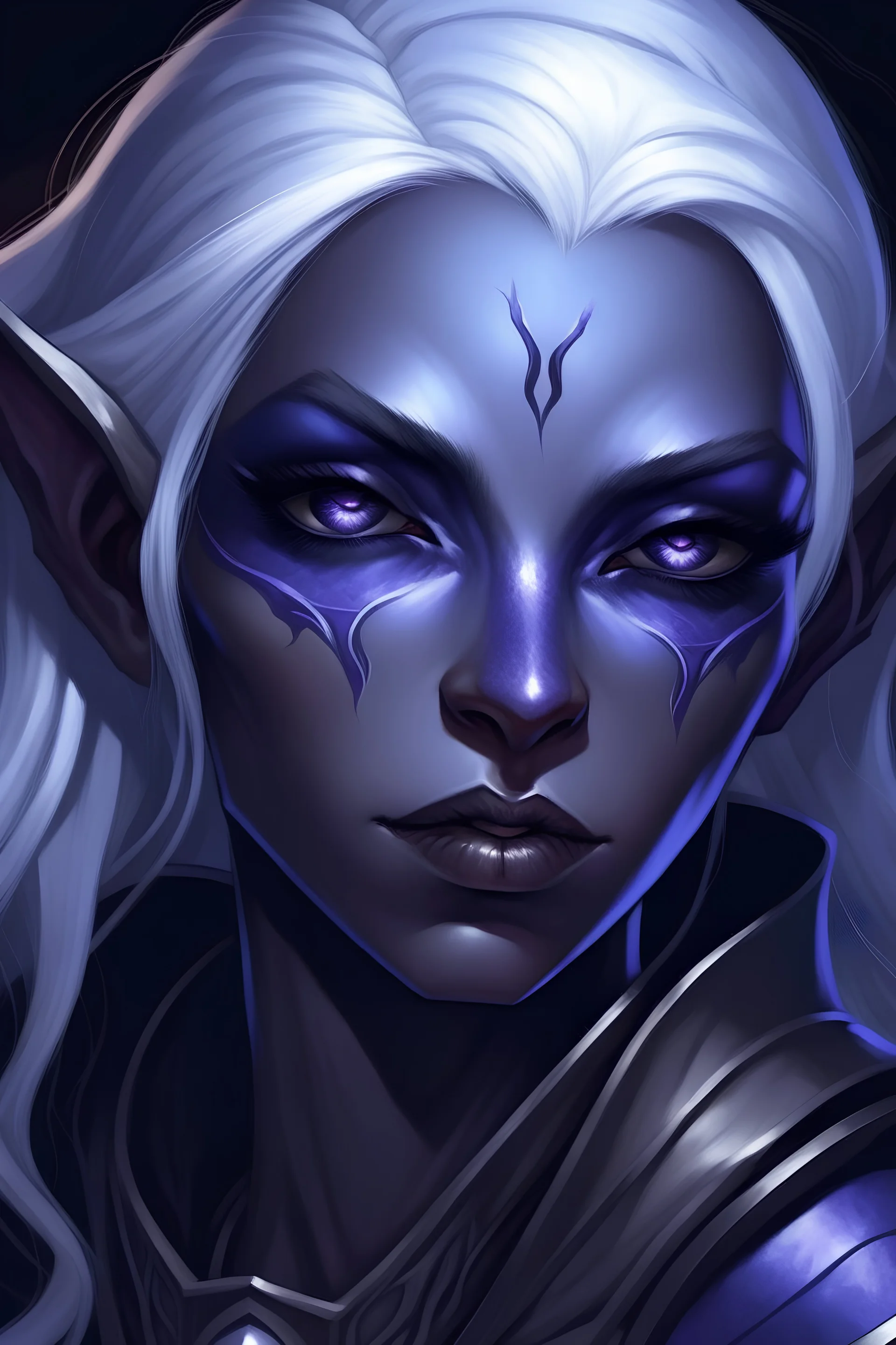 Dungeons and Dragons portrait of the face of a female drow inquisitor blessed by Eilistraee. She has white hair, purple eyes, and is surrounded by moonlight
