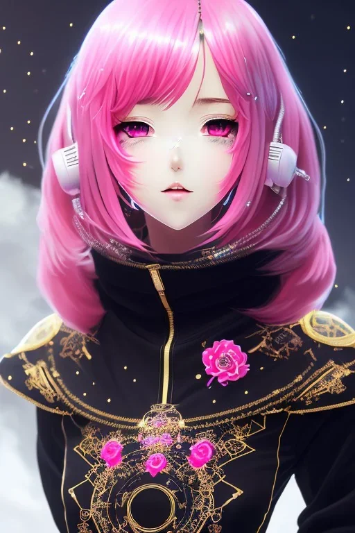 Cute anime cyborg girl, electric pink hair, splendid high fashion black designer kimono, red cosplay headwear, hoodie, black scarf, body portrait, pink ribbons, slight smile, black constellation motif, windy, concept art, mini tornado stickers, black fishnet wear, highly detailed, digital painting, artstation, concept art, sharp focus, illustration, art by WLOP and greg rutkowski and alphonse mucha and artgerm and yanjun chen