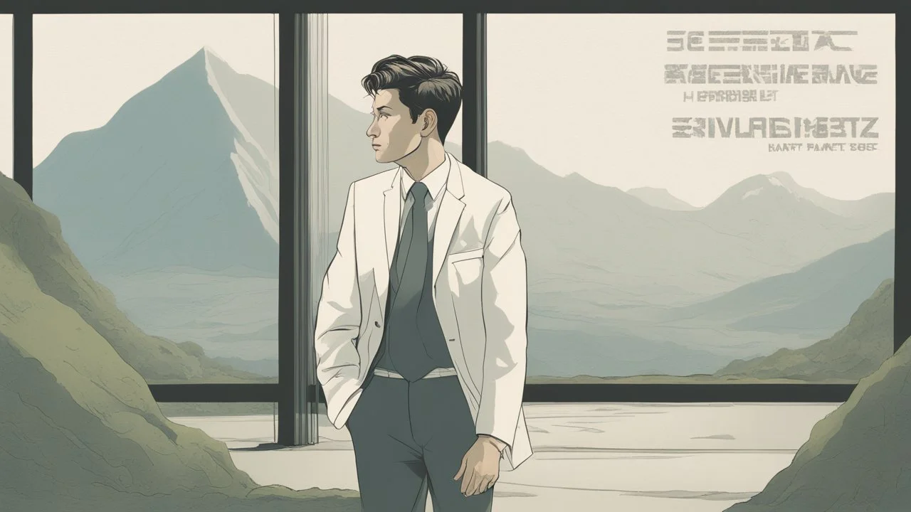 The image depicts an individual gazing intensely at the Earth, with their face slightly tilted towards the ground, as if harboring the world's secrets in their eyes. Their countenance exudes wisdom and unwavering confidence, almost as if they comprehend everything happening on this planet. Dressed in a sharp, high-end suit bearing a prestigious brand logo, they exude a serious and dignified aura. Their face radiates calm and contemplation, as they deeply ponder the intricacies of the world arou