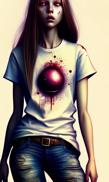 girl, cute, beautiful, by Greg Rutkowski, bruised, bloody, tee shirt, jeans