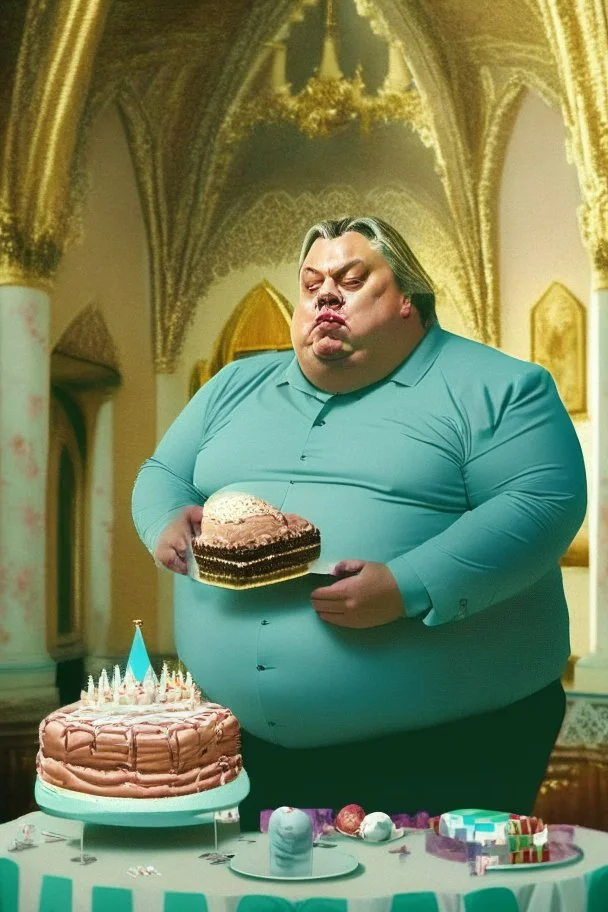 fat ugly viktor orban in a suite eating birthday cake in a castle. There are soccer balls around