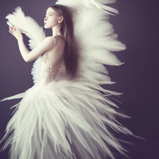 dress made out of feathers and tulle, stunning colors, chiaroscuro, fashion photography, vogue, dramatic, beautiful lighting, delicate composition, aesthetic, ballerina, ballgown