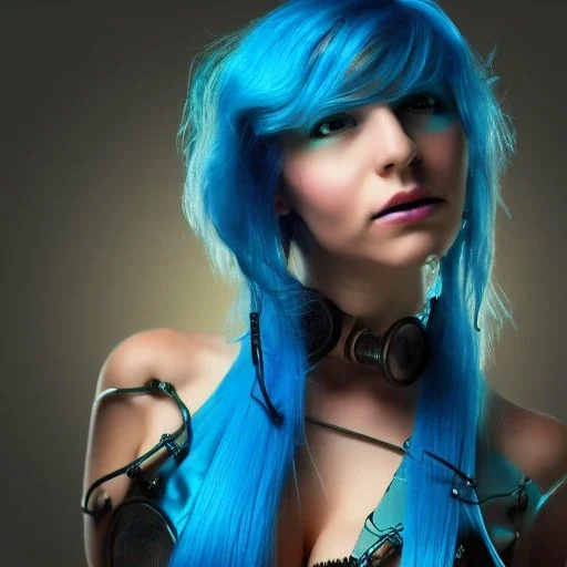 steampunk, body, woman, rendering, blue hair, electric circuits, steam, highlights