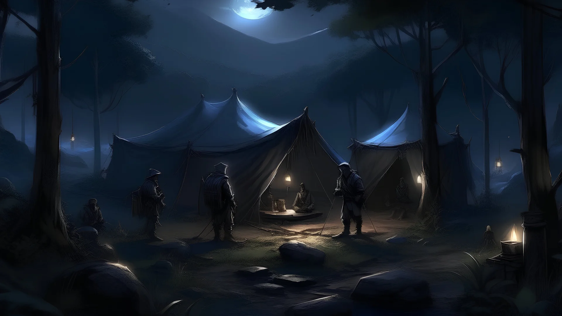 **Chapter Description: “Dark Station: Camp Arrangement in the Heart of Mystery”** The friends arrive at their carefully chosen hunting spot, a dark area hidden in the shadows of dense trees. The light reflected from the moon casts a soft glow on the ground wet from the night dew, as they arrange their camp in this deserted place. They release the tent flaps, spreading the thick blankets on the dusty ground. The shady branches lean toward the place majestically, their leaves dancing with the qu