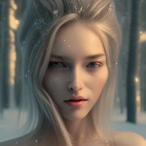 Woman, ice, blue, forest, snow, beautiful, mountain, masterpiece, expert, 8K, hyperrealism, sharp focus, cinematic lighting