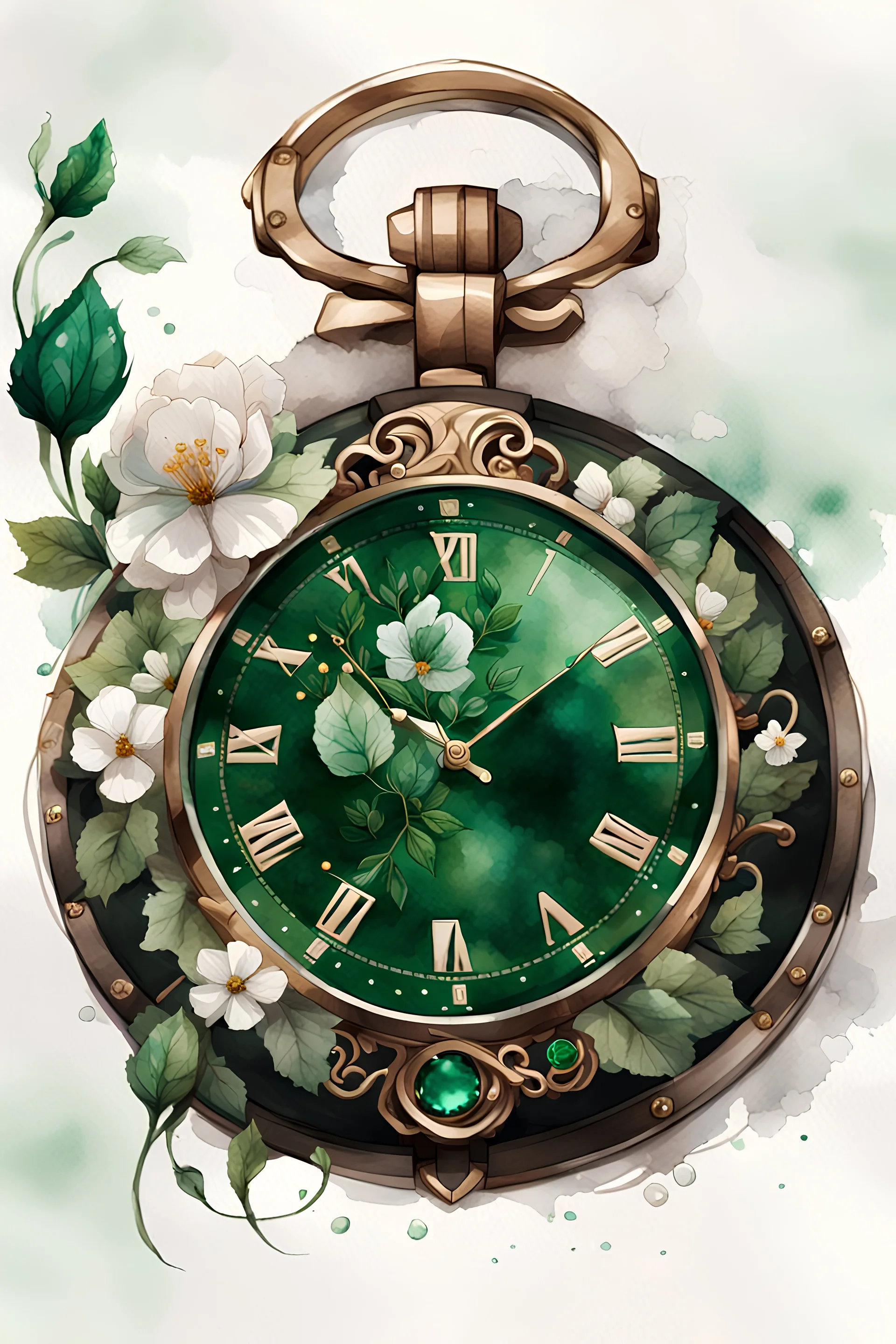 watercolor, dark style, dark green watch with white lace, emeralds and flowers, Trending on Artstation, {creative commons}, fanart, AIart, {Woolitize}, by Charlie Bowater, Illustration, Color Grading, Filmic, Nikon D750, Brenizer Method, Side-View, Perspective, Depth of Field, Field of View, F/2.8, Lens Flare, Tonal Colors, 8K, Full-HD, ProPhoto