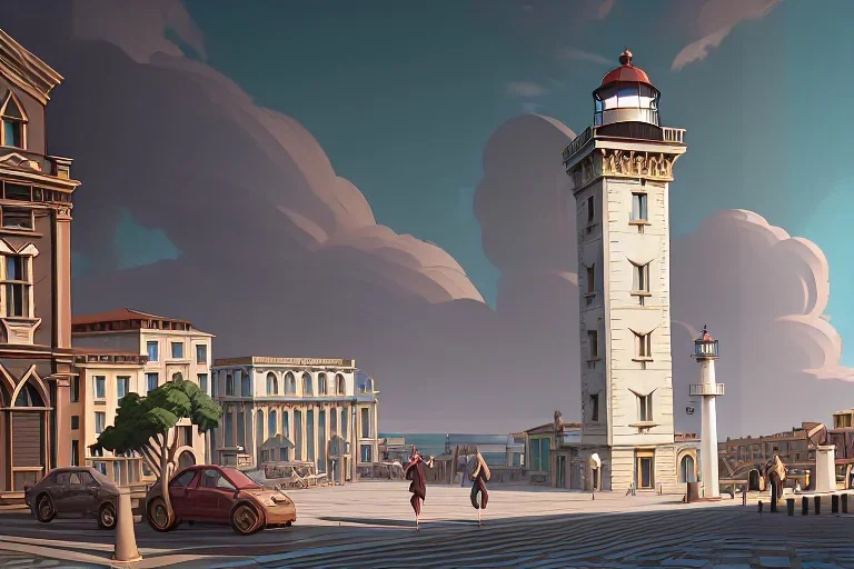 Portici lighthouse ,Vignola classicism ,palladio,rooftitles, uphill road building ,Various colourful city,A beautiful,liveable street with beautiful Human scaled,mid raise building,green building,plants,tree,stairs,detailed facades,hyperrealistic,photorealistic,4k,European city