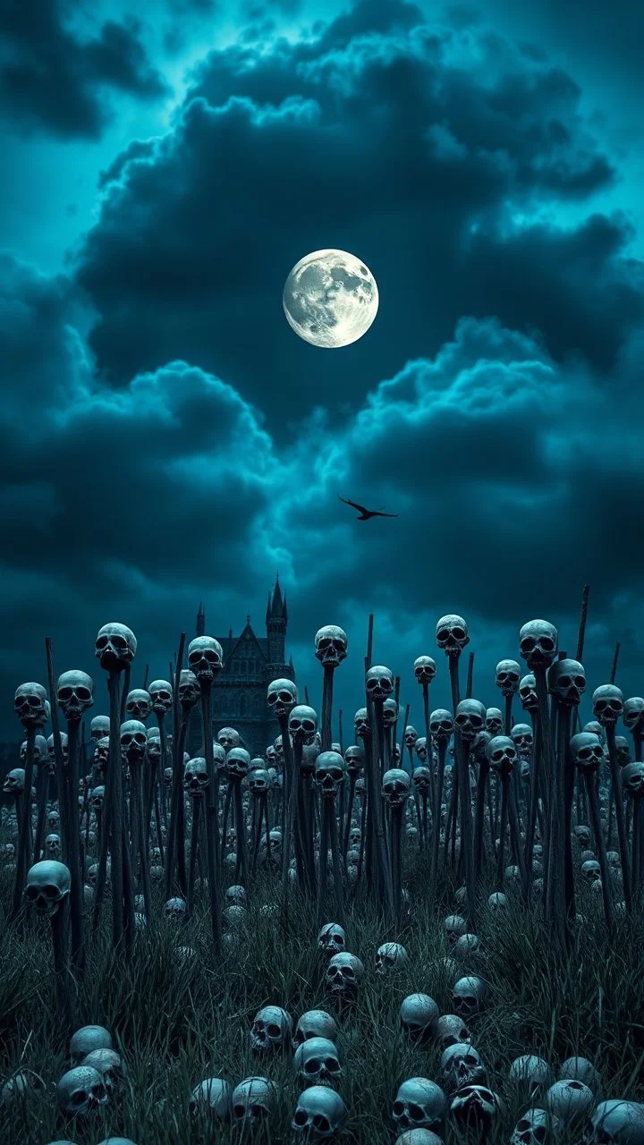 A moon in the blued blurry dark sky background and out of this world galaxy in a blue and gray cloud of stormy weather a many large amount of thick sticks fixed on the ground with many skulls the same size more than 30 put on the top of it ultra hi quality picture with cinematic science, tragedy, a small black birds far in hovering in the horizon in the big field of grass near front view of the skull filling all the fields in everywhere. A creepy old black castle in the background