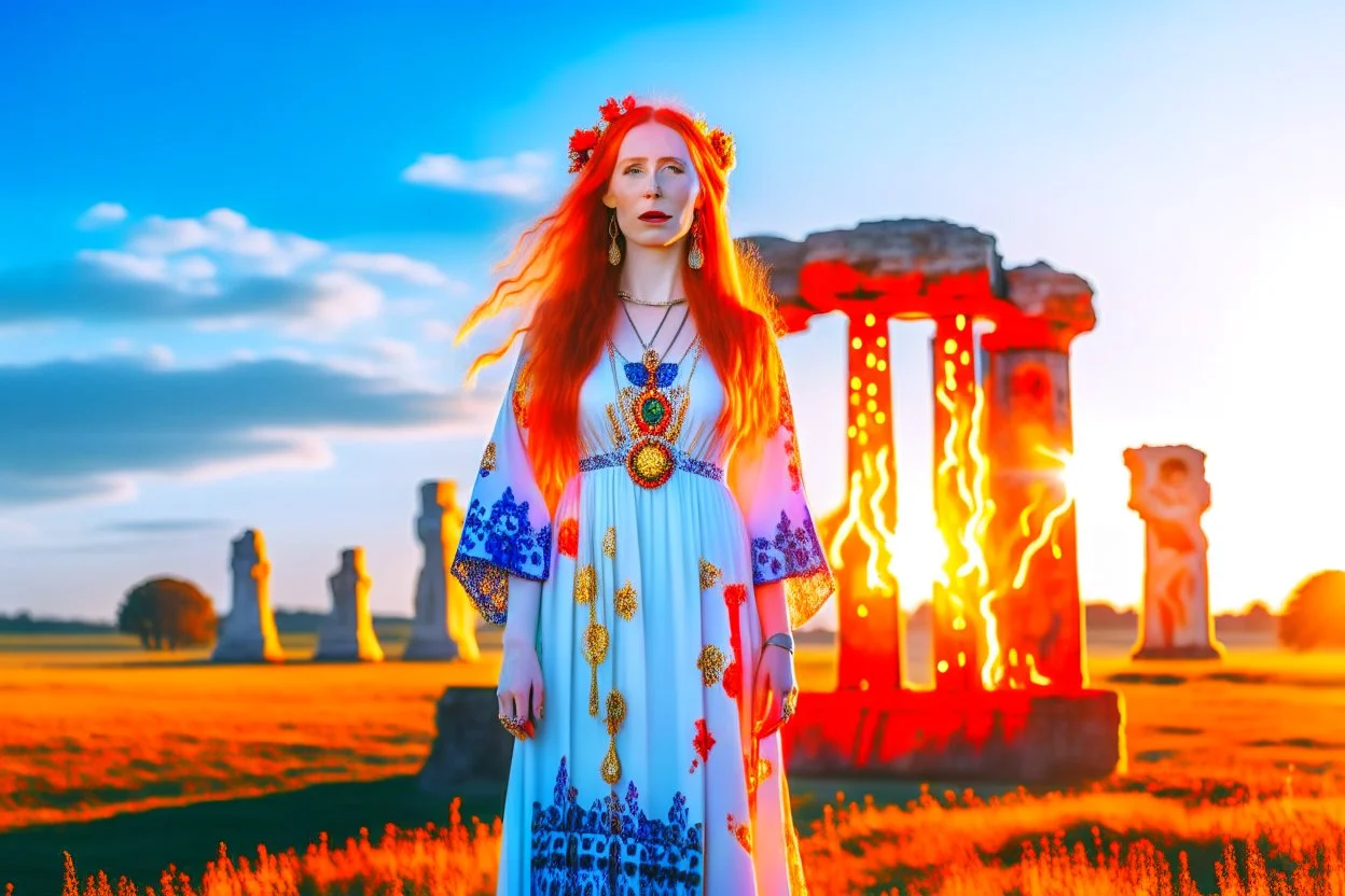 Full body shot of a tall slim red-headed young woman, dressed like a gipsy, standing in front of Stonehenge in a flaming circle