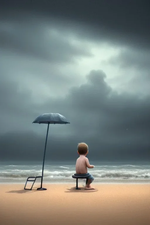 young boy on beach with a man laying down behind him, dark storm clouds overhead, gloomy, bleak, shopping trolley on side, dusk. the road cormac mccarthy