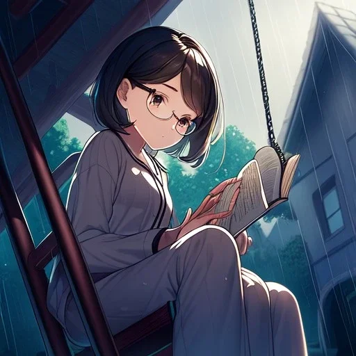 anime girl sitting on a porch swing of an old house, journaling, wearing pajamas, writing in a book, shes watching it rain, more detail on hands and her face,shes deep in her thoughts, wearing glasses, rain drops, she has a pencil in her hand and is writning in the book, she is looking down at what she is writing