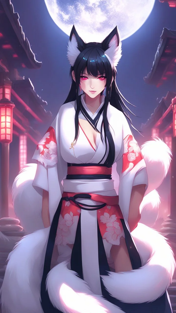 A close hot picture of Ahri with black hair and Japanese Clothes and nine White fox tail with neon glowing in fantasy world