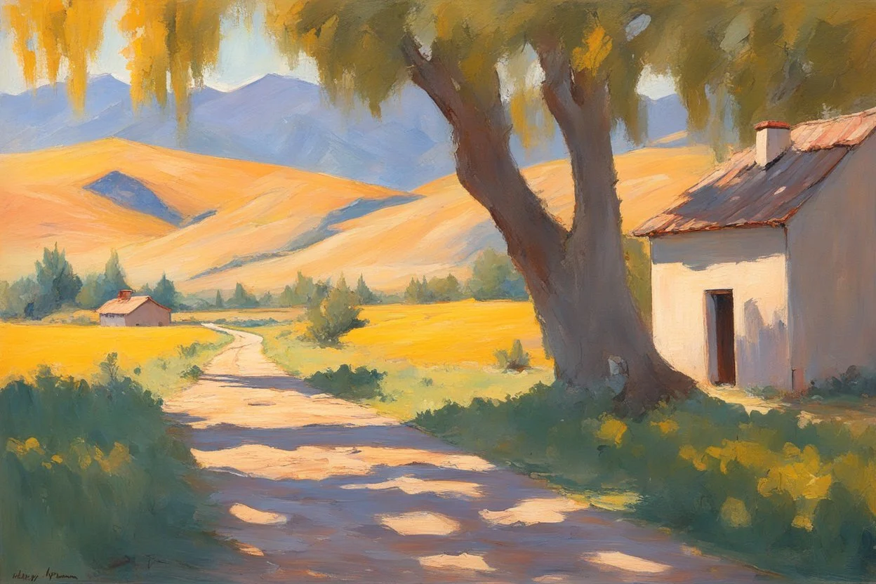 sunny day, mountains, trees, dirt road, countryside, nostalgy influence, adobe house, henry luyten and ludwig dettman impressionism paintings