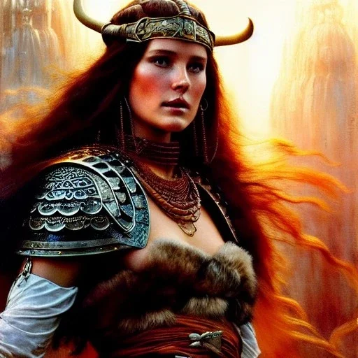 Drawing of beautiful face,'Viking Female Berserk ',intense stare, ancient leather armor, balanciaga fashion clothe painting by gaston bussiere, greg rutkowski, yoji shinkawa, yoshitaka amano, tsutomu nihei, donato giancola, tim hildebrandt Oil on canvas, cinematic composition, extreme detail,fit full head inside picture,16k