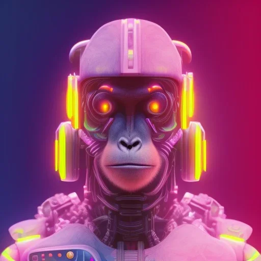 A beautiful portrait of a cyborg monkey purple neon color scheme, high key lighting, volumetric light high details psychedelic background