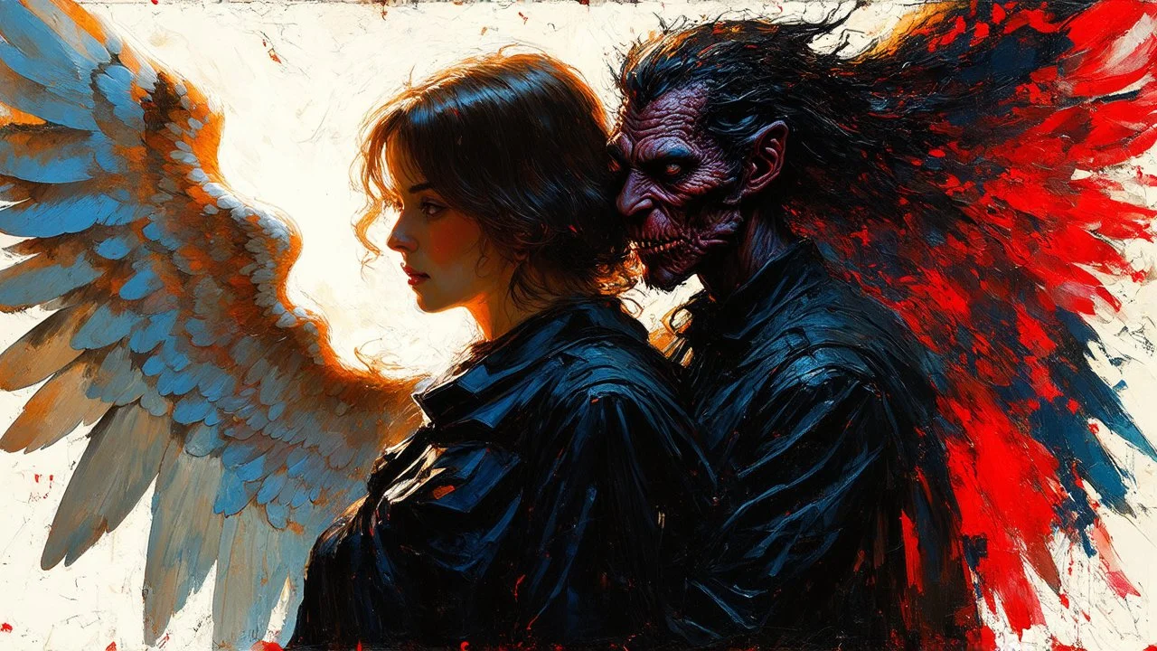 old worn postcard, Portrait Light and darkness in one person, angel and demon in one person, abstract art additional colors small details,