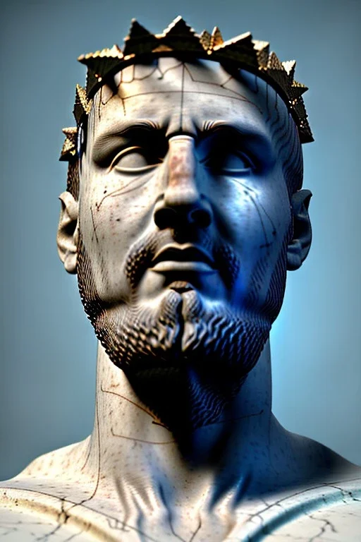 Ultra Realistic image, Roman sculpture, white marble material, Lionel Messi, gold crown of natural thorns, god crown, Renaissance style, sun rays background, waist up portrait, epic, celestial, cinematic lighting, God lights, 4k resolution, smooth details, soft lighting, unreal engine 5, art station, substance 3d.