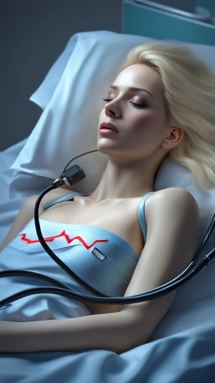 photorealistic hyperdetailed very small young woman with blonde hair lying asleep on a hospital large bed with a heart monitor and tubes attached