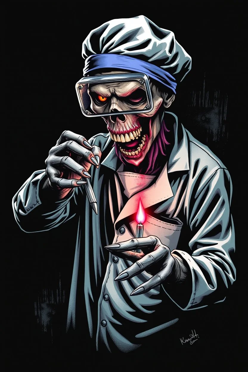 Science experiment Horror zombie surgeon by Richard Corben, Todd Schorr, T-Shirt Design, Black Background