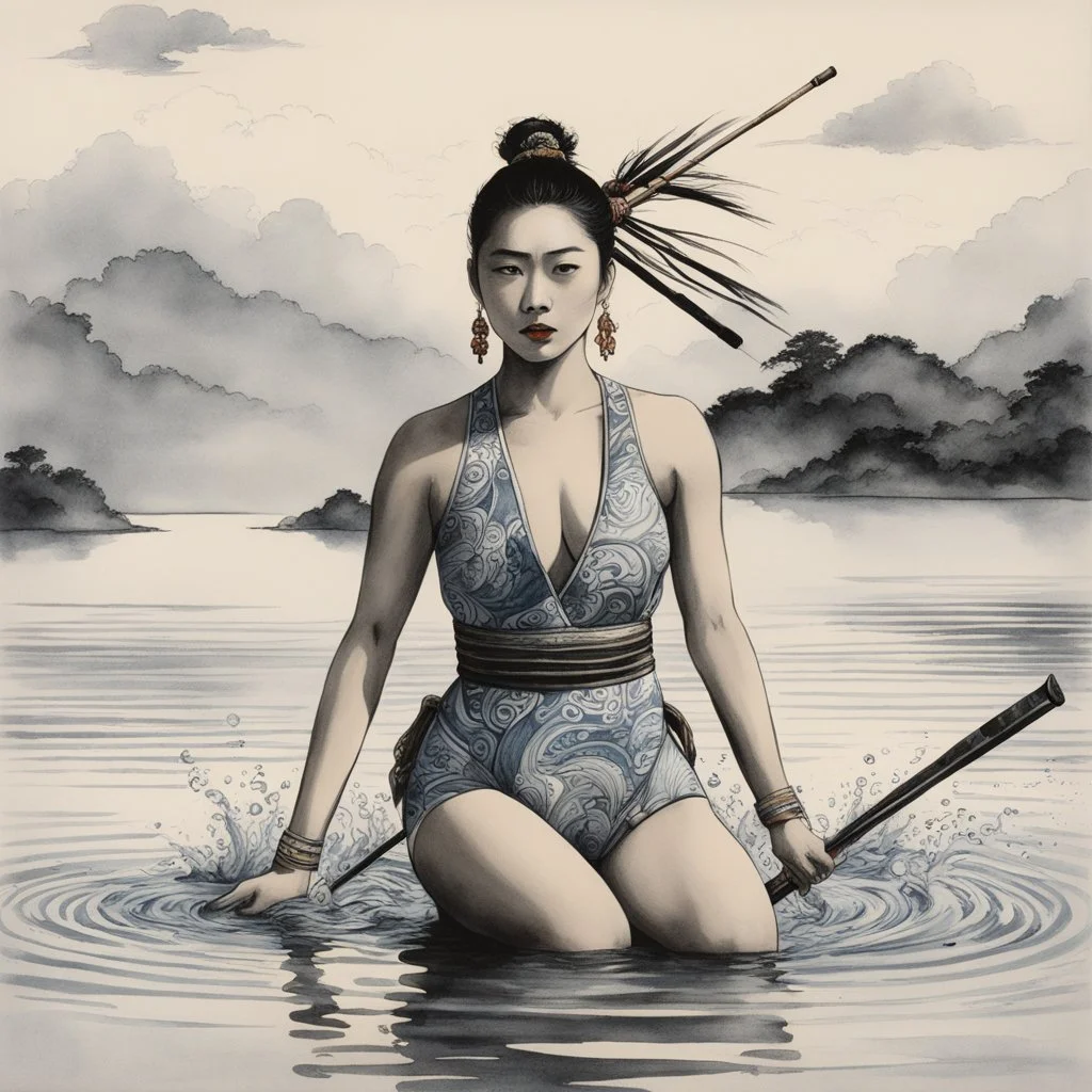 A surprised Nomadic samurai woman, 24-years-old wearing a one-piece swimsuit with patterns in traditional Chinese brush, expressive line, ink washes to fish in the water, poised on hands and knees, the overcast sky in the background, vintage 1980's photo