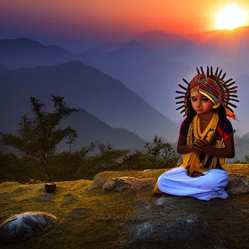 mystical indian girl in adoration in himalaya at sunset