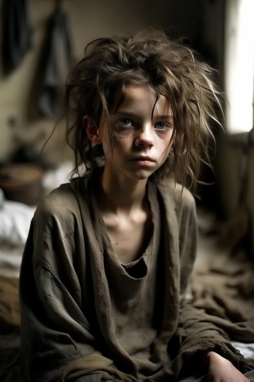 very thin 13 year old girl, dressed in rags, messy haircut, A Cure for Wellness style, full figure