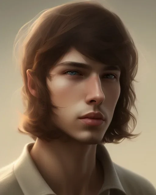  boy, cute, young, teen, brown hair, brown eyes, medium hair, bangs, head and shoulders portrait, head and shoulders portrait, 8k resolution concept art portrait by Greg Rutkowski,