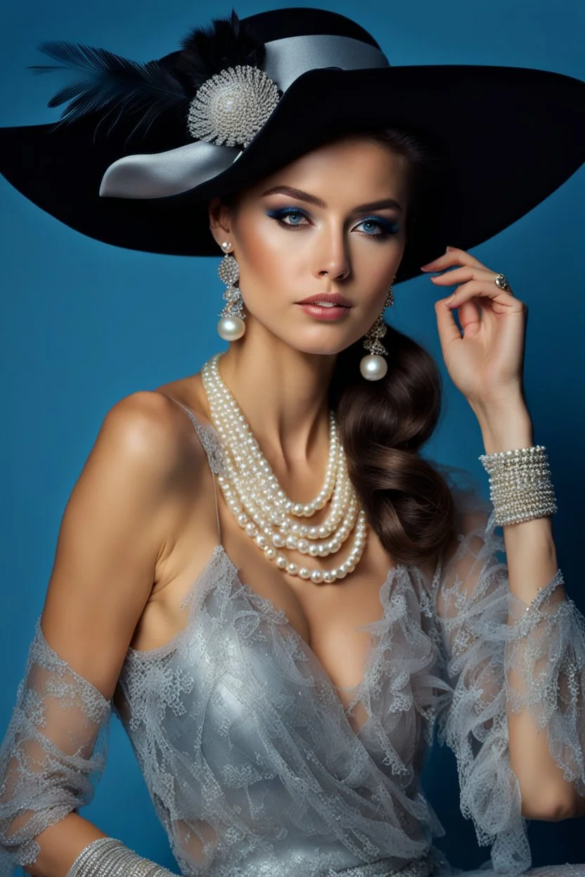 full body beautiful girl, elegant silver,lace clothes of the 80s, luxury style, small elegant hat with feather, hair of the 80s, pearl necklace, earrings masterful, beautiful face,blue backdrop