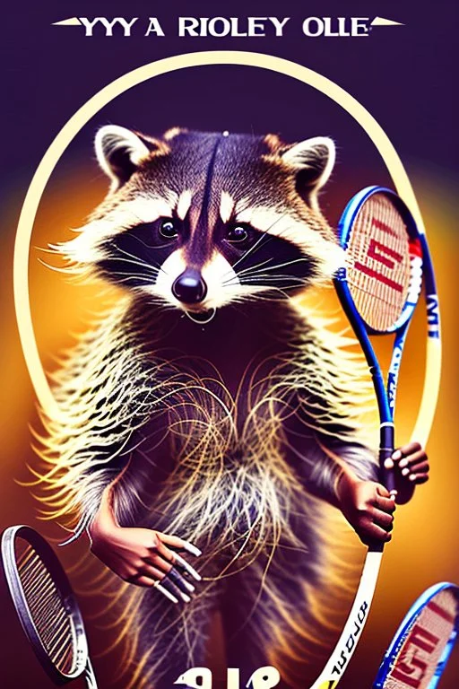 old man in 1928 poster advertising racoon tennis, raccons flying in air between tennis rackets while humans::4 use them as a tennis ball