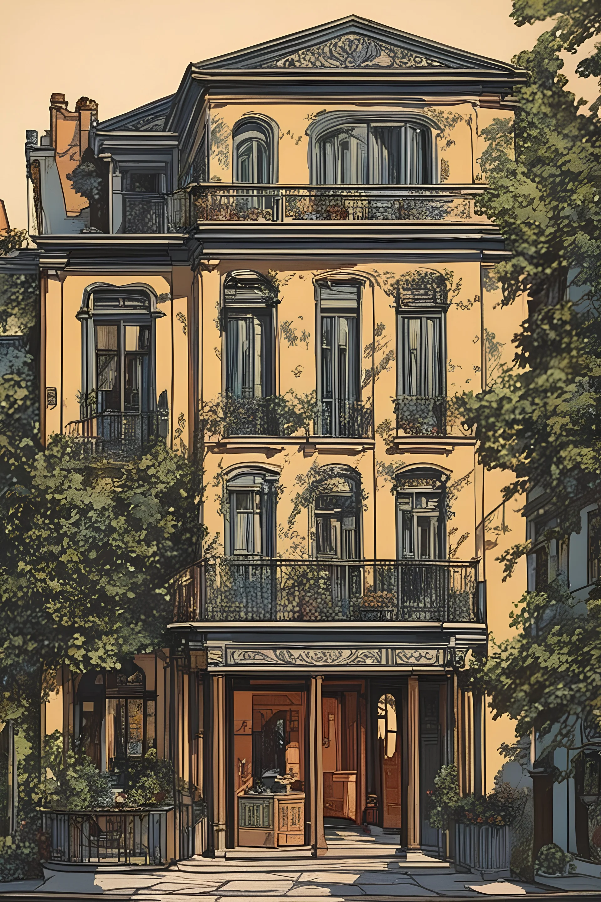 museum quality color woodcut of a 1920's Parisian townhouse, in the style of Gustave Baumann, with a fine art aesthetic, highly detailed, finely cut ,8k render,